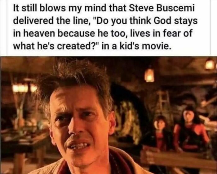 Man looking puzzled in a scene from a movie, paired with a relatable casual nihilism meme about fear and creation.
