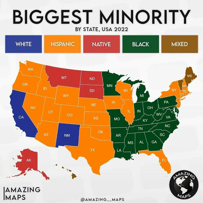 Map showing the biggest minority by state in the USA 2022, highlighting Hispanic, Black, White, Native, and Mixed groups.