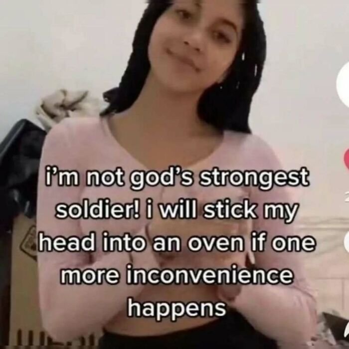 Young woman with a resigned smile and text about frustration, featured in casual nihilism relatable memes.