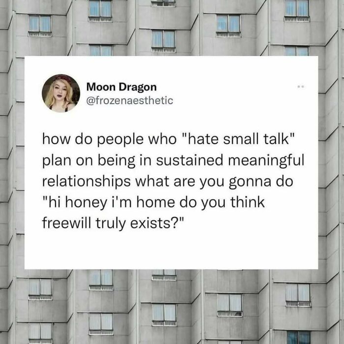 Social media meme about casual nihilism questioning meaningful relationships and free will in a humorous tone.