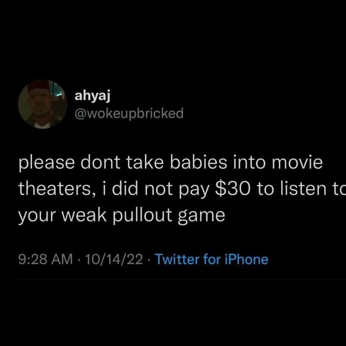 Twitter post humorously complaining about babies in theaters, featured in relatable casual nihilism memes.