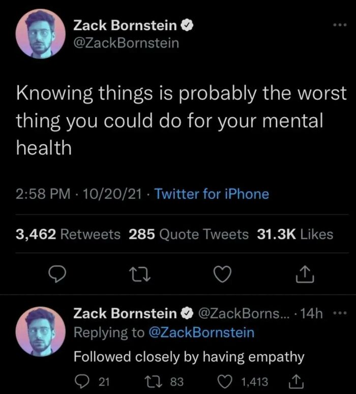 Tweet by Zack Bornstein about mental health, reflecting hilarious relatable memes from casual nihilism on social media.