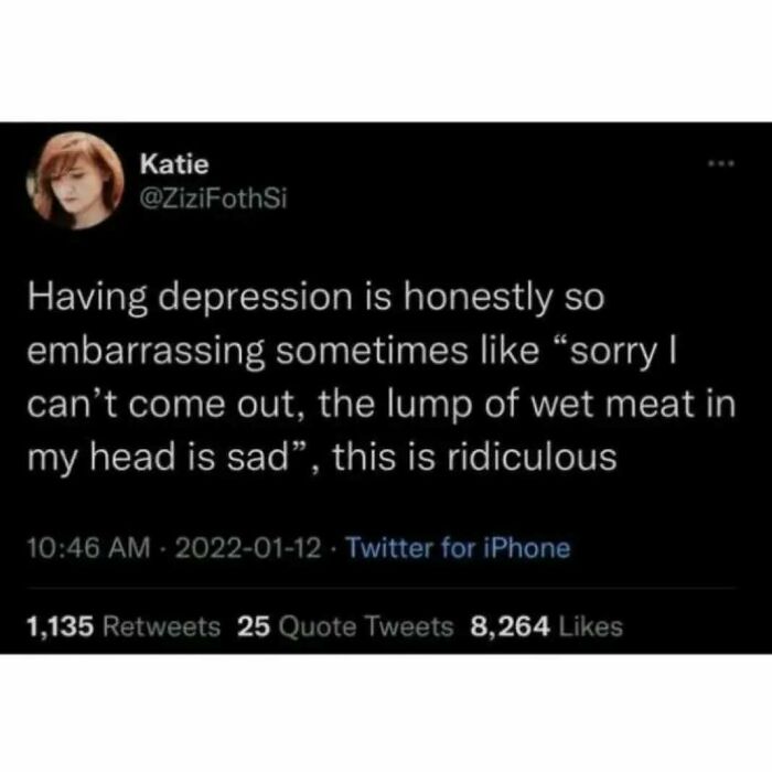 Tweet describing the embarrassing feeling of depression, shared as part of relatable memes about casual nihilism.