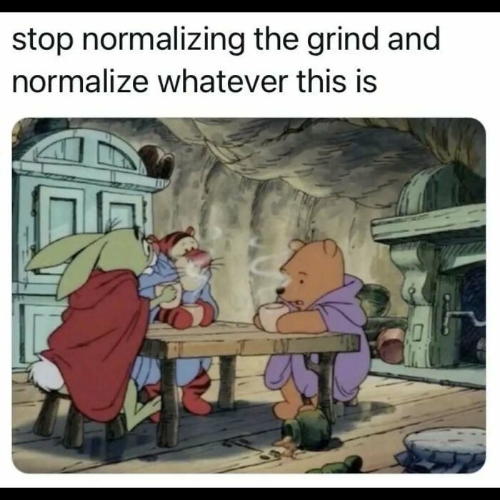 Cartoon characters at a table with a meme text about casual nihilism and normalizing life struggles humorously.