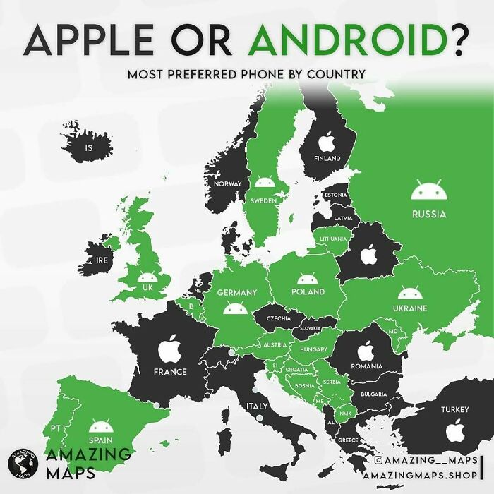 Map of Europe showing Apple or Android as the most preferred phone by country, highlighting tech preferences with amazing maps.