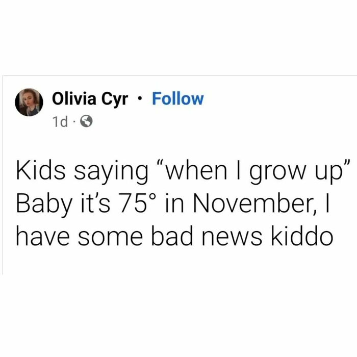 Social media meme about casual nihilism reflecting on warm November weather and childhood expectations.