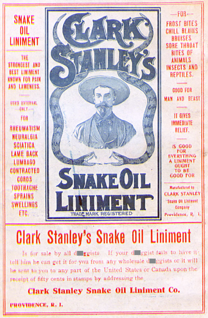 Vintage snake oil liniment medical device advertisement showcasing outdated pain relief remedies.
