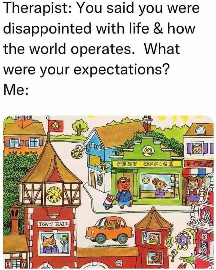 Cartoon meme showing animals in a colorful town illustrating relatable casual nihilism and life disappointment.