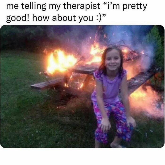 Young girl smiling in front of a burning picnic table, illustrating funny relatable friendship memes humor.