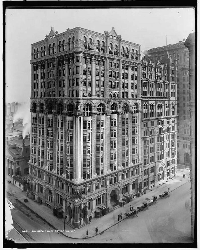 Historic old architecture of the ornate Betz Building showcasing intricate design and classic early 20th century style in Philadelphia.