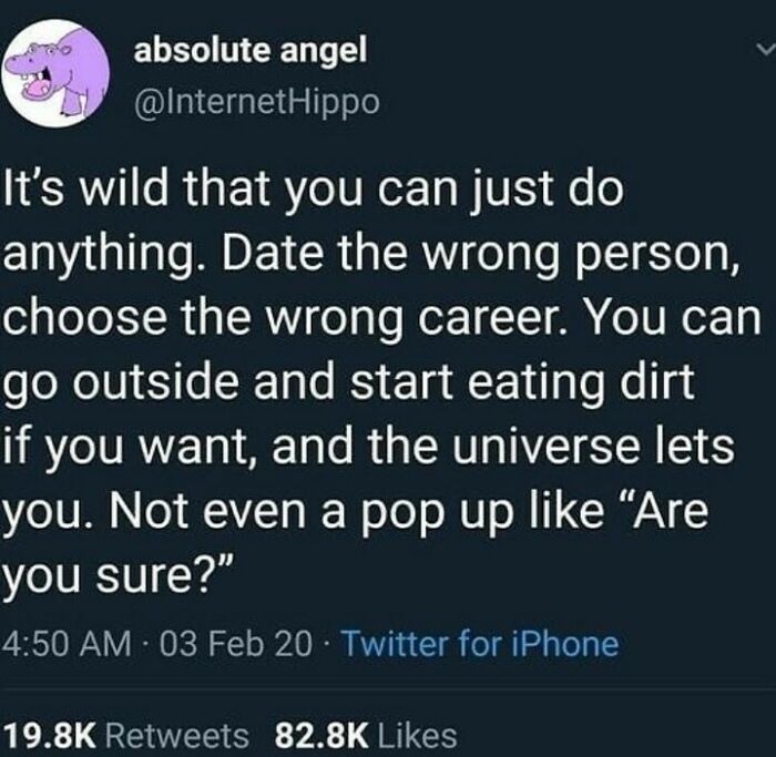 Tweet about casual nihilism reflecting on freedom to make choices without consequences, shown in a social media post format.