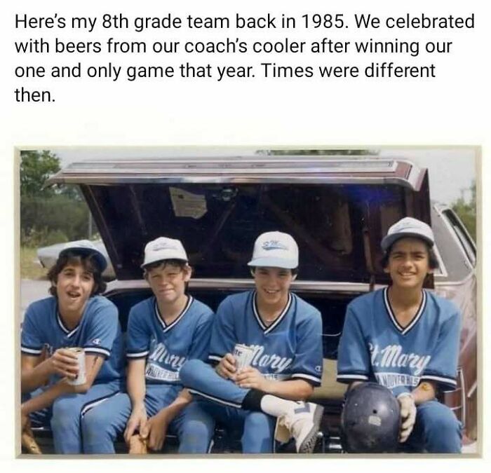 Four boys in 1980s baseball uniforms sitting by an open car trunk, celebrating with drinks, reflecting old school cool dads vibe.
