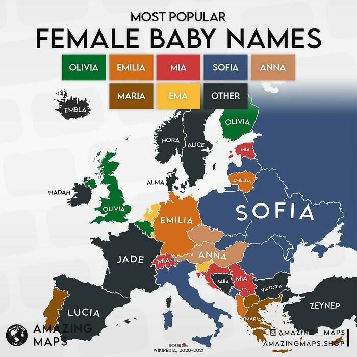 Map of Europe showing the most popular female baby names by country, featuring color-coded regions and top names.