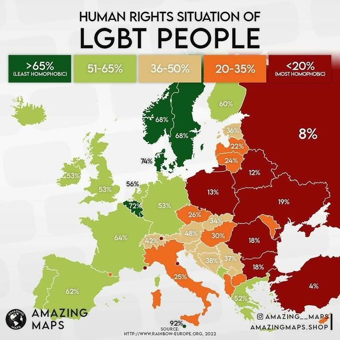 Map showing human rights situation of LGBT people across Europe with color-coded homophobia levels and percentages.