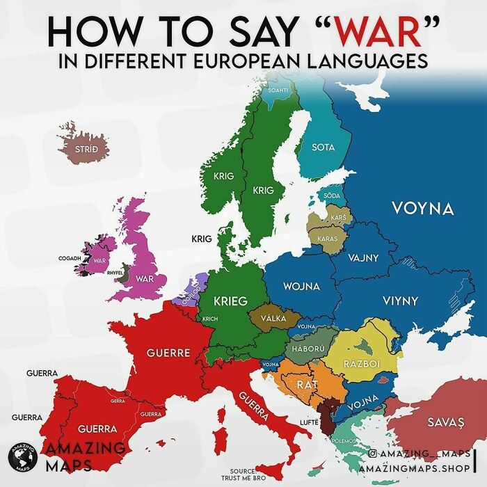 Map showing how to say war in different European languages with countries color-coded and labeled with terms.