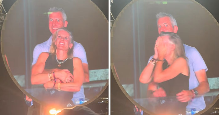 Chris Martin embraces and reacts with a woman on stage during Coldplay concert amid viral cheating scandal spotlight.