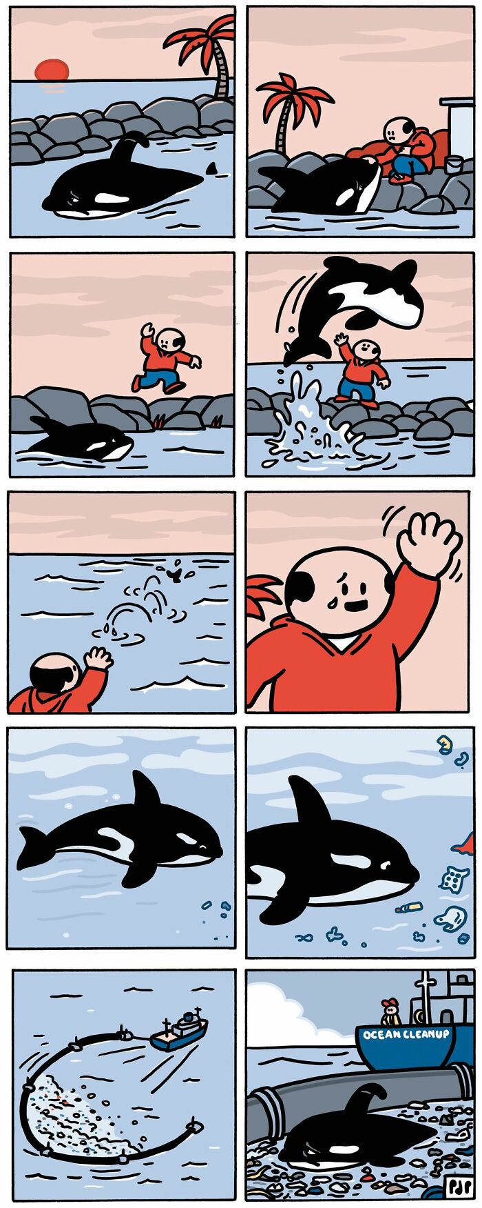 Comic panels depicting an orca and a man, highlighting ocean pollution in a brutally funny comics style by Pieter De Poorter.