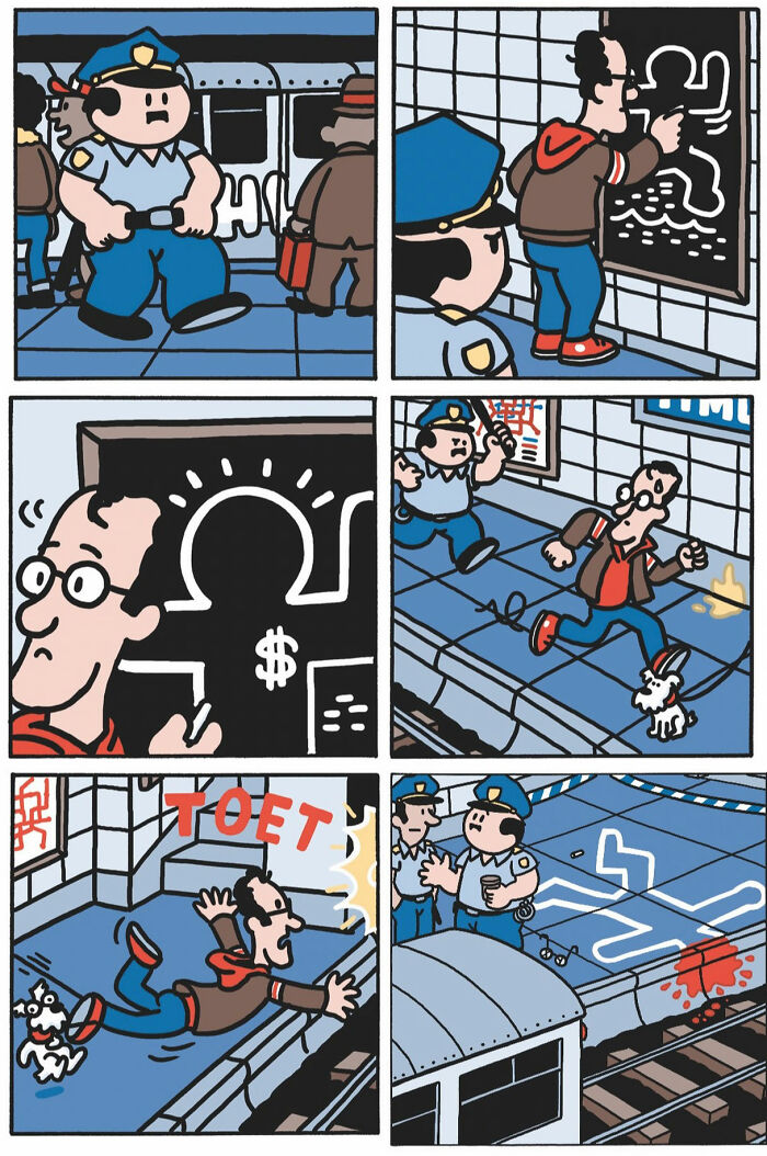 Comic strip showing police and a man in a subway with a humorous take on tragedy in brutal funny comics.