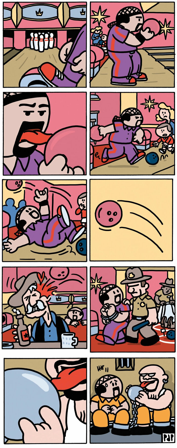 Comic strip showing a man at a bowling alley, slipping, getting arrested, and ending up in jail with a ball and chain, dark humor style.