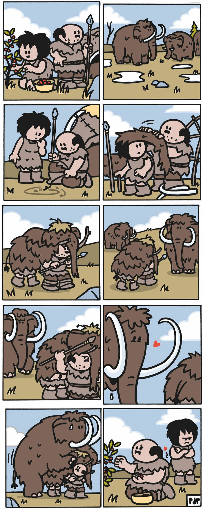 Comic strip showing cavemen humor with a mammoth disguise, illustrating brutally funny comics turning tragedy into punchlines.