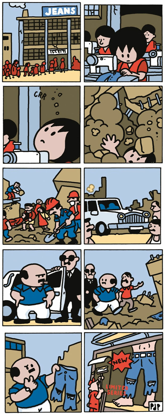 Comic strip illustrating tragic conditions in a jeans factory with dark humor in funny comics by Pieter De Poorter.