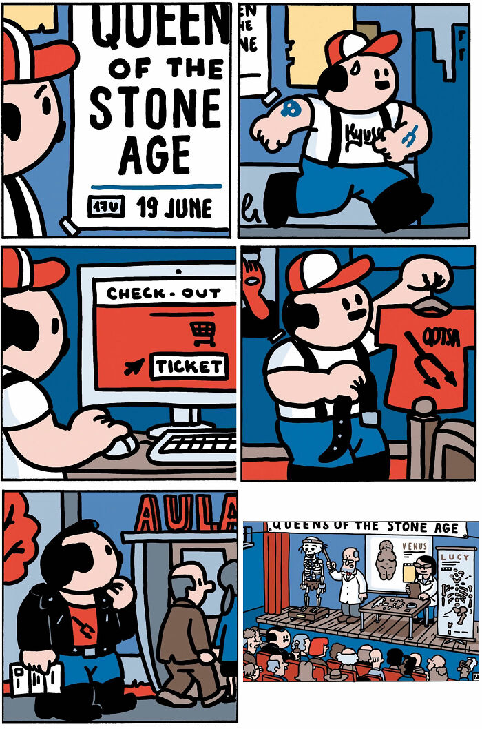 Comic strip showing a man buying a Queens of the Stone Age ticket and attending a lecture, representing brutally funny comics.