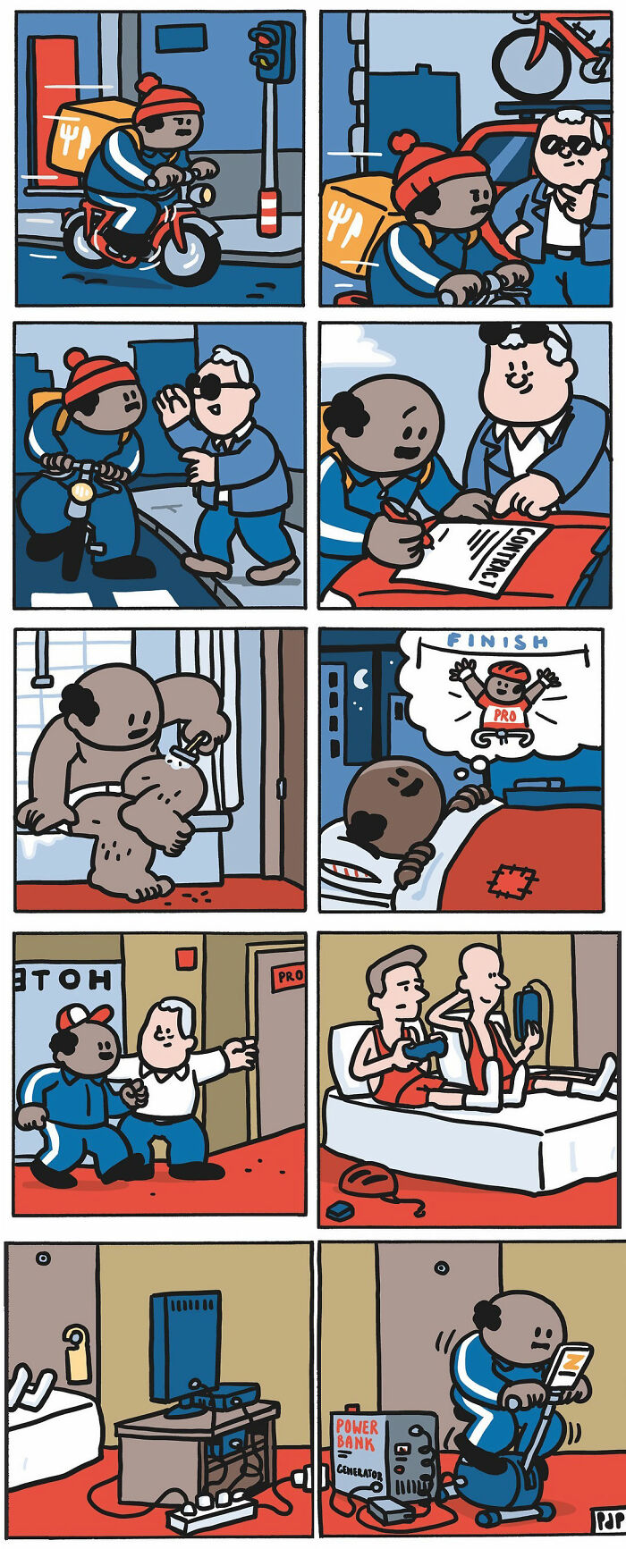 Comic strips showing a delivery worker’s daily struggles turned into a funny and relatable comic by Pieter De Poorter.