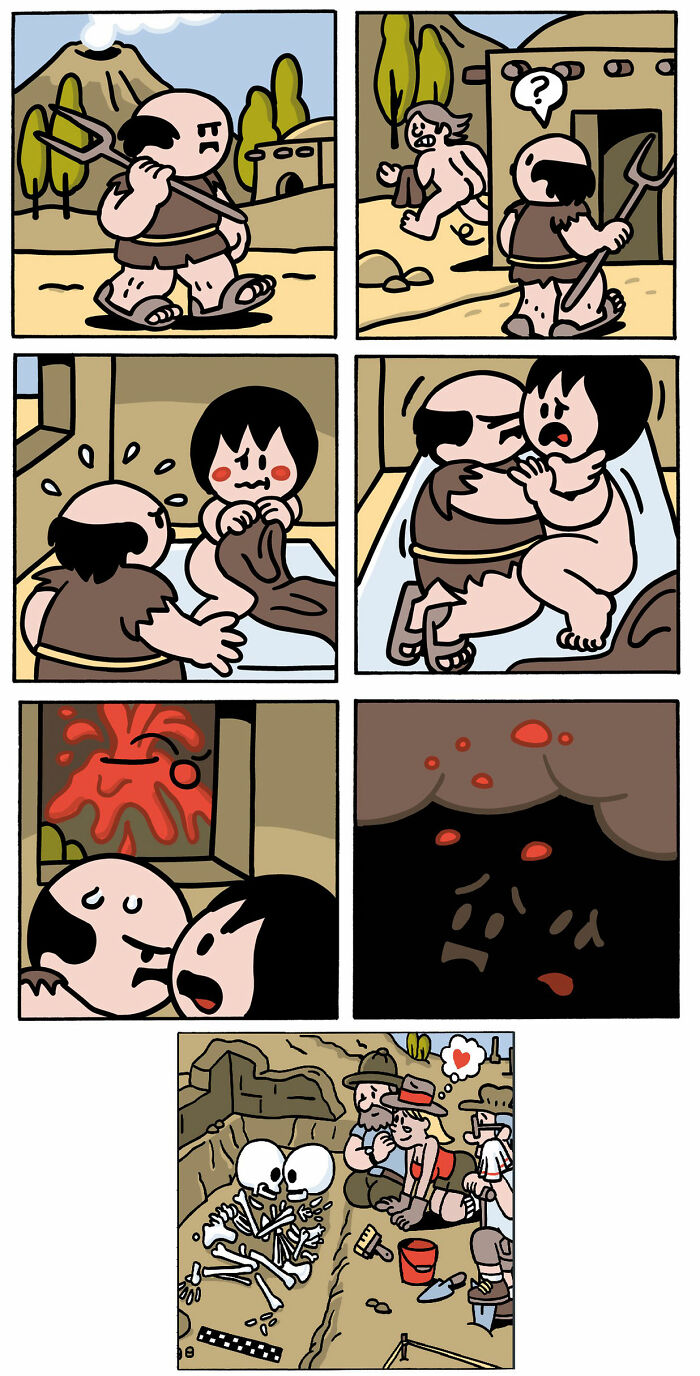 Comic panels showing a caveman and woman next to a volcano eruption, with archaeologists finding skeletons, funny comics.
