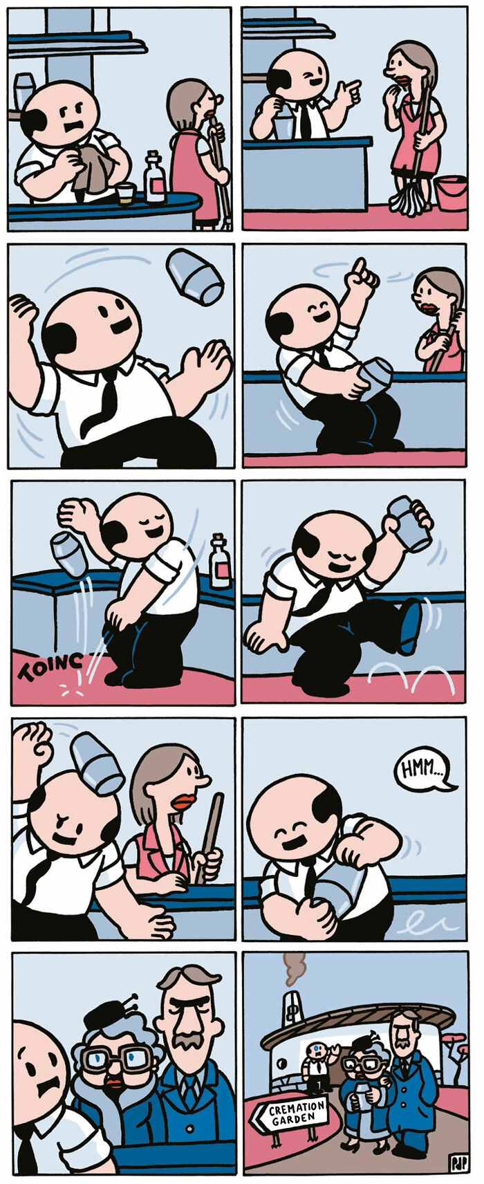 Comic panels showing a man humorously interacting with a woman and two serious mourners near a cremation garden sign.