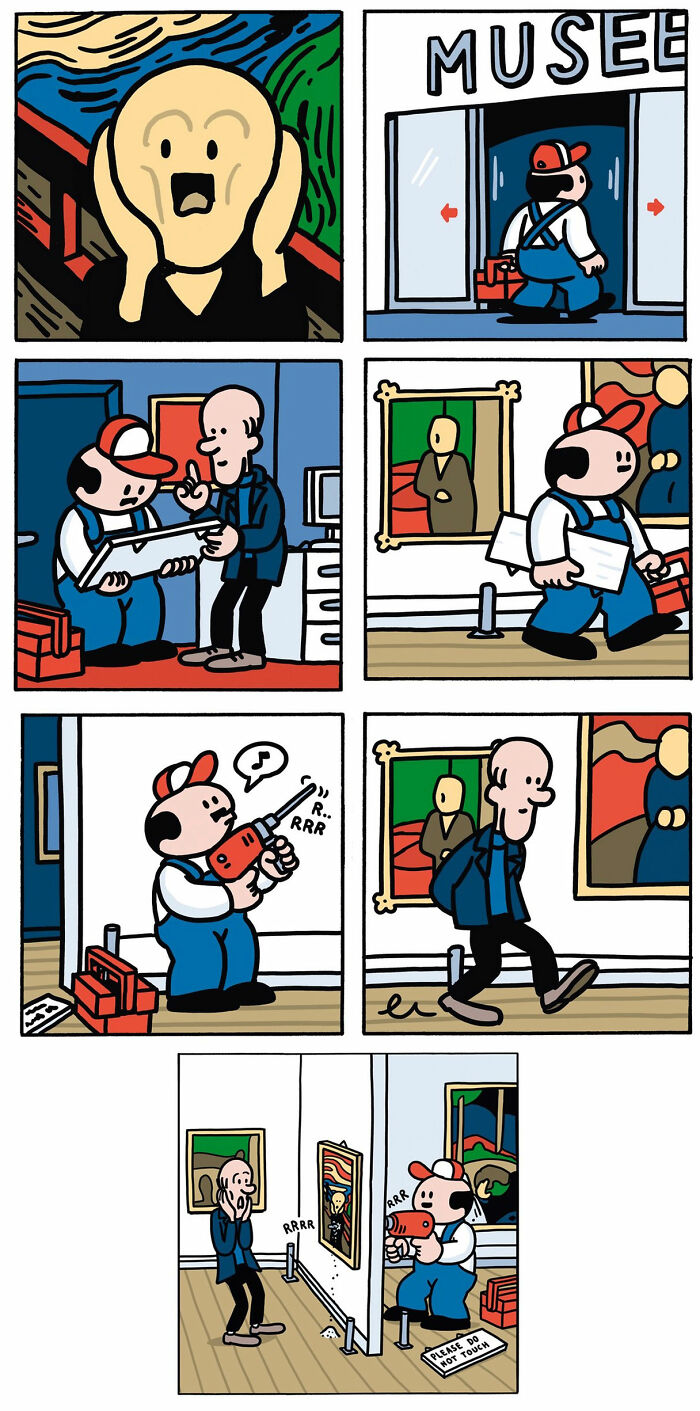 Comic strip showing a humorous scene in a museum where art restoration goes wrong, from brutally funny comics.