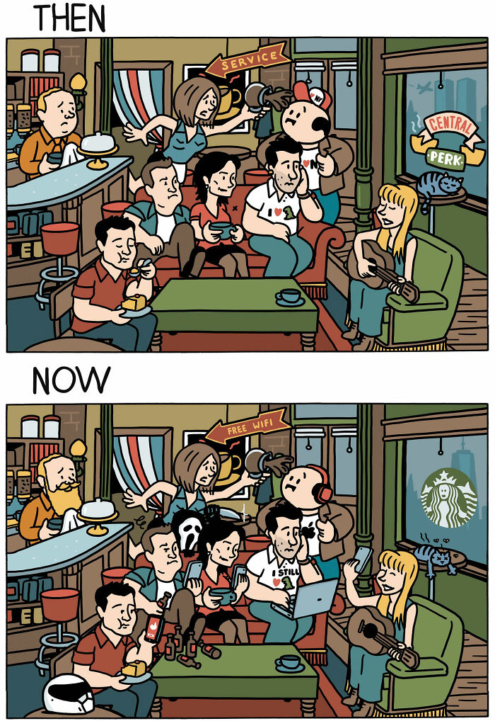 Illustration showing then and now scenes of a comic cafe, highlighting humor in modern social changes in funny comics.