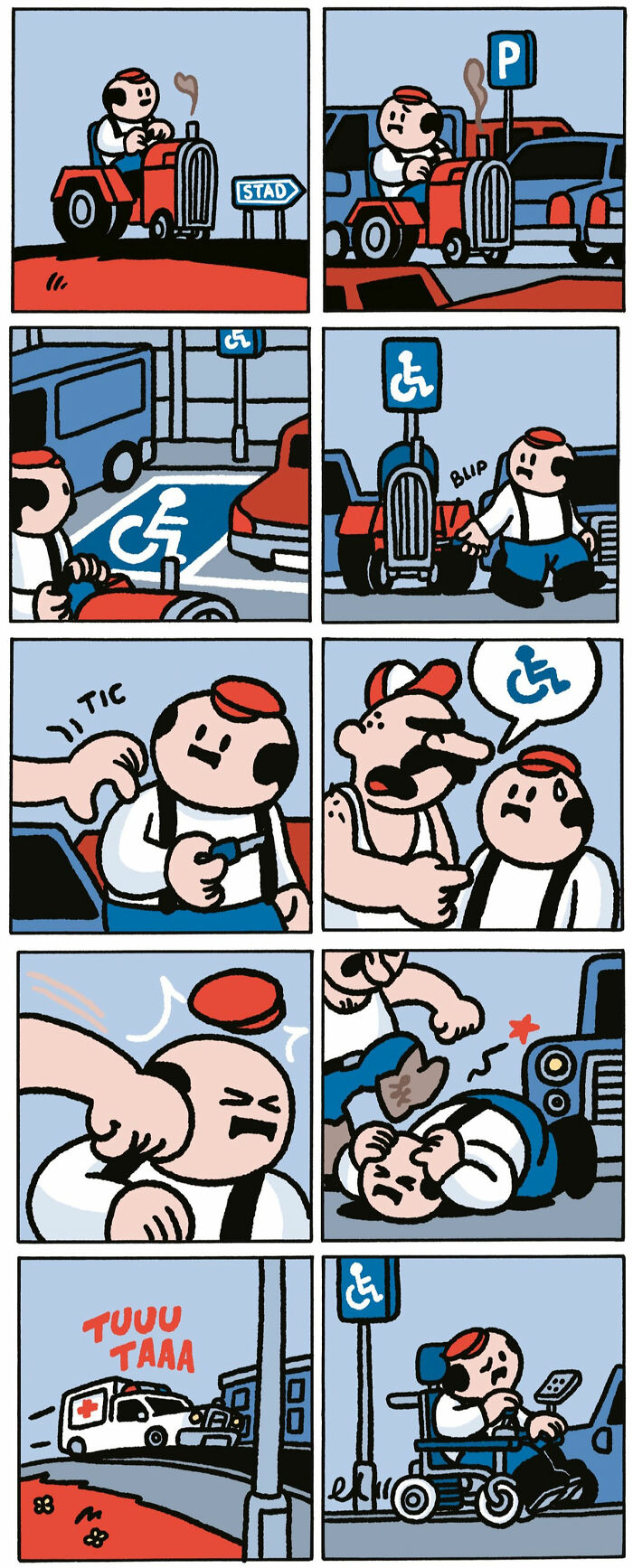 Comic strip by Pieter De Poorter showing a man humorously navigating disability with funny tragic moments.