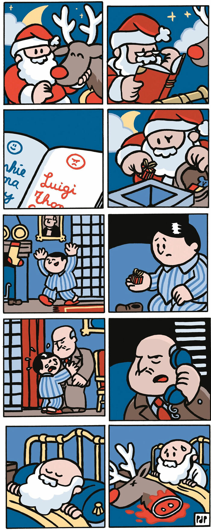 Comic panels showing a Santa-themed dark humor comic turning tragedy into a punchline by Pieter De Poorter.