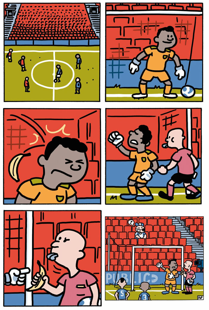 Comic panels illustrating a funny soccer scene with a goalkeeper, players, and a humorous banana peel moment in a stadium.