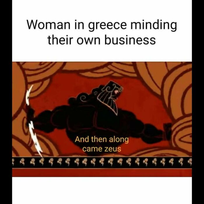 Meme depicting a scene with Zeus from Greek mythology, illustrating casual nihilism humor in a cartoon style.