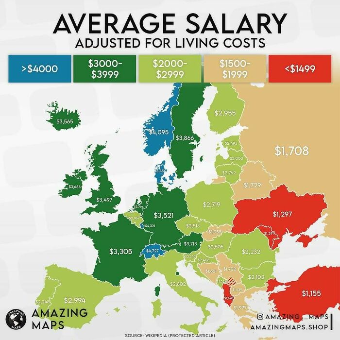 Map of average salaries in Europe adjusted for living costs using color coding from the Amazing Maps series.