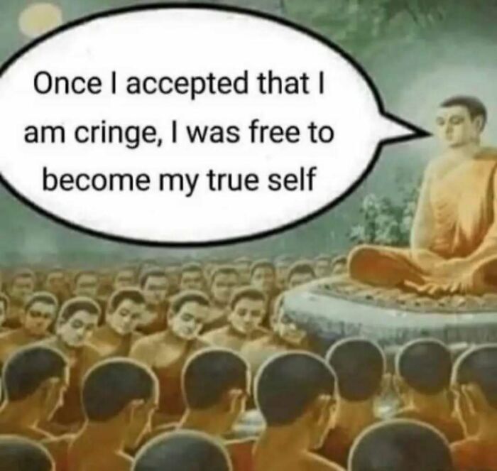 Meme featuring a monk teaching acceptance of cringe as a path to true self in casual nihilism humor.