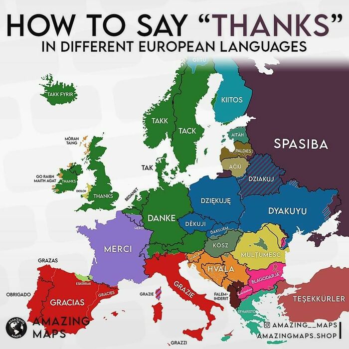 Map of Europe showing how to say thanks in different languages, an amazing map illustrating cultural language diversity.