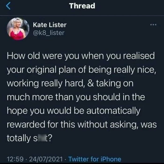 Twitter post by Kate Lister reflecting on the relatable reality of casual nihilism about unfulfilled efforts.