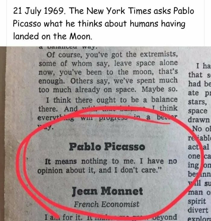 Newspaper clipping shows Pablo Picasso's nihilistic quote about the moon landing, highlighting casual nihilism meme humor.
