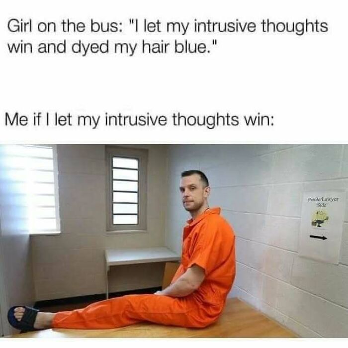 Man in an orange prison jumpsuit sitting on a bench, illustrating casual nihilism with humorous intrusive thoughts.