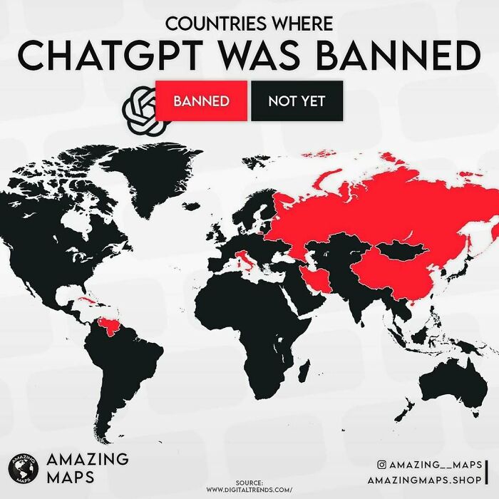World map highlighting countries where ChatGPT is banned in red, featured in amazing maps collection.