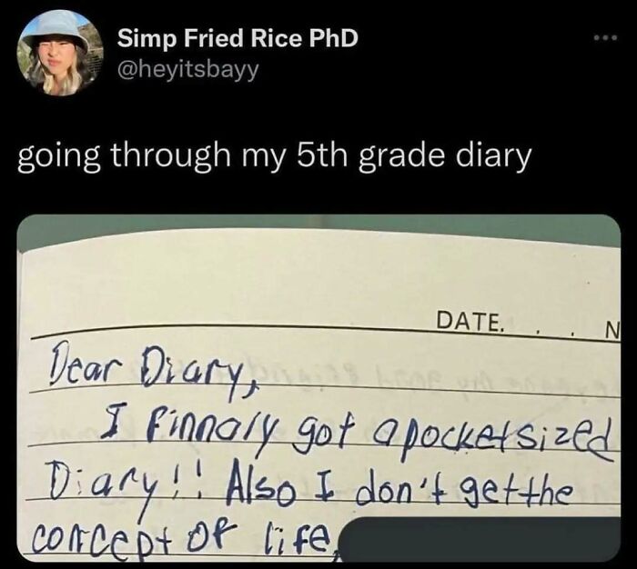 Screenshot of a social media post showing a handwritten diary entry, illustrating casual nihilism memes and relatable humor.