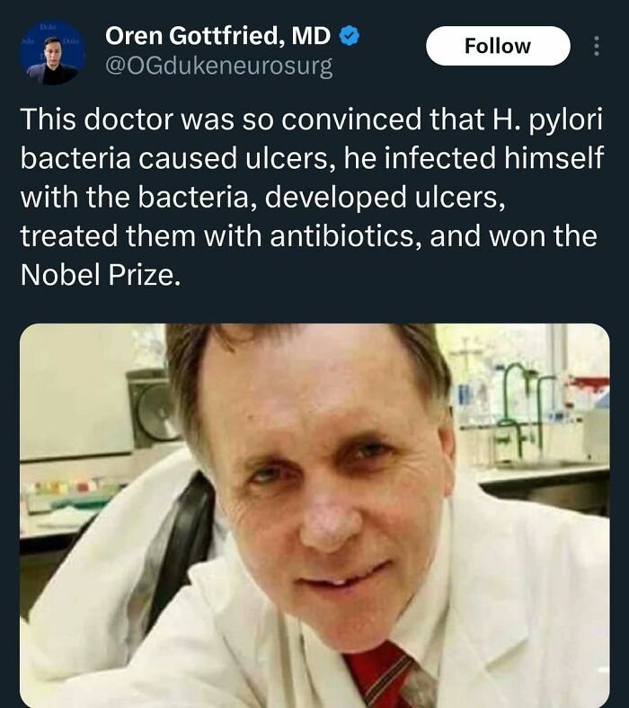 Tweet about a doctor who proved H. pylori causes ulcers by self-infection, featured in medical memes on healthcare costs.