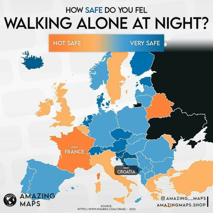 Map showing how safe people feel walking alone at night in Europe, highlighting safety variations by country with colors.