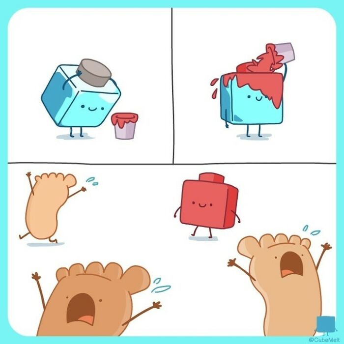Cute comic panels showing an ice cube character and animated feet depicting the struggles of an ice cube humorously.