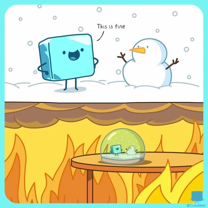 Cartoon ice cube and snowman comic illustrating the struggles of an ice cube in hot and cold environments.