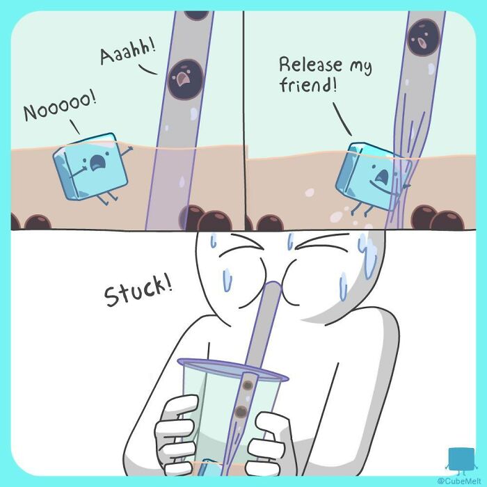 Comic panels showing an ice cube struggling in a drink with a straw stuck inside, portraying the struggles of an ice cube.
