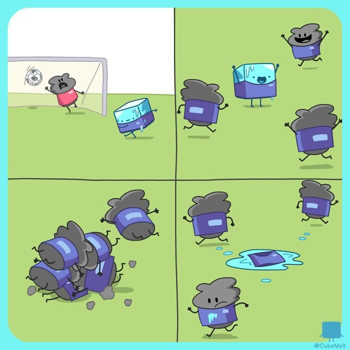 Comic strip showing ice cube character playing soccer and melting while struggling with other characters.