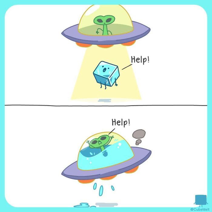 Comic illustration showing an ice cube and alien struggling for help, highlighting the challenges of an ice cube in a spaceship.